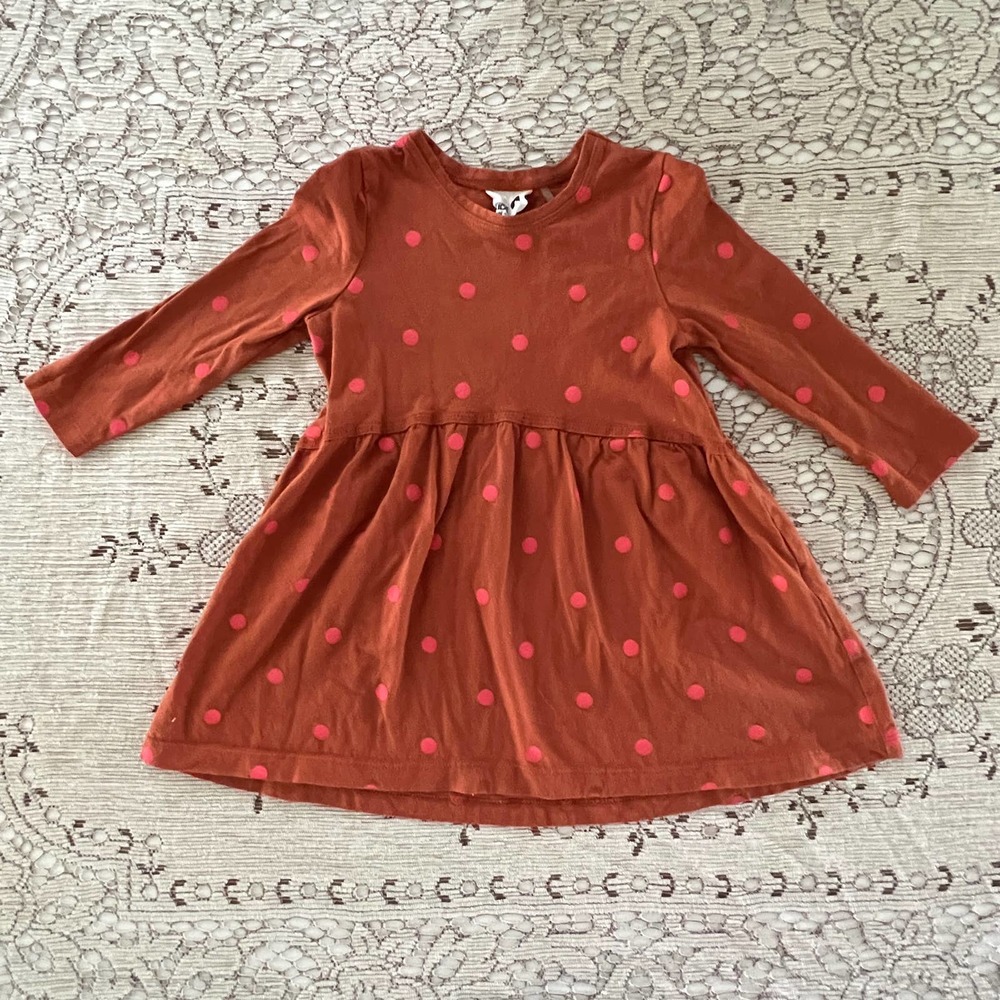 Cotton On Kids Girl's 2 Long Sleeve Polka Dot Dress Burnt Orange Pink A-Line